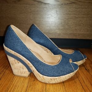 Sofft Olivia Denim & Cork Peep-toe Wedged Heels